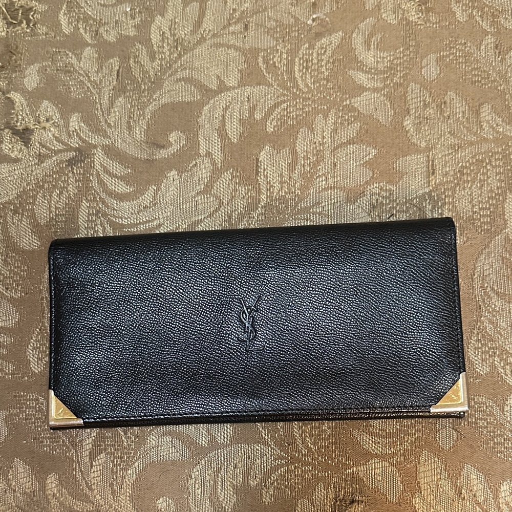Yves Saint Laurent Black Leather Continental Wallet with Gold Corner Accents